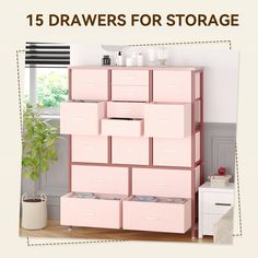 there is a pink shelf with many boxes on it and the words, 15 drawers for storage