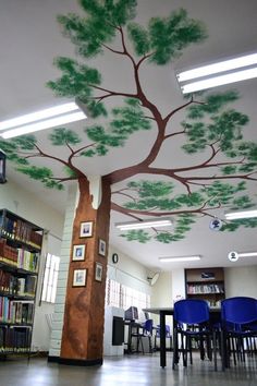 a room with a tree painted on the ceiling and blue chairs in front of it