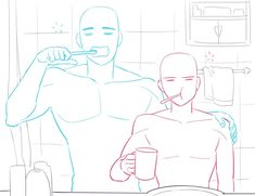 a man brushing his teeth in front of a bathroom mirror with another man drinking from a cup