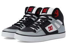 DC Pure High-Top WC - Men's Skate Shoes : Black/Grey/Red 1 : Bring clean, classic skate style to your everyday with the DC Pure High-Top WC skateboard shoes! Skate shoes in a high-top silhouette. Leather, nubuck, suede, or canvas upper with premium textile quarter. Foam padded tongue and collar for added comfort and support. Mesh lining for breathable wear. Wrap cupsole construction for long-lasting durability. Abrasion-resistant sticky rubber outsole. Outsole features DC's trademarked Pill patt High-top Skateboarding Sneakers With Contrast Sole, High-top Sneakers With Contrast Sole For Skateboarding, High-top Sneakers With Boost Midsole For Skateboarding, Leather Skate Shoes With Boost Midsole, Lace-up High-top Sneakers With Boost Midsole For Skateboarding, High-top Skate Shoes For Streetwear With Branded Insole, High-top Skate Shoes With White Sole And Boost Midsole, High-top Skate Shoes With Boost Midsole And White Soles, High-top Sneakers For Skateboarding With Speckled Midsole