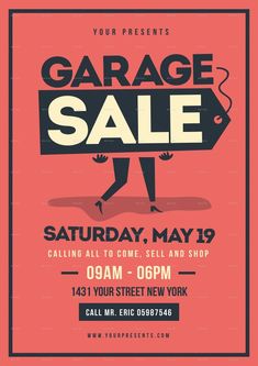 the garage sale flyer is shown in red and black