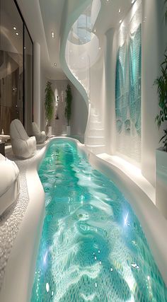 an indoor swimming pool in the middle of a living room with white walls and flooring