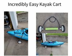 an image of a kayak with wheels attached to the front and back ends, in two different pictures