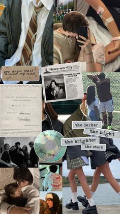 collage of photos with people and words on them, including an image of a woman hugging a man's head