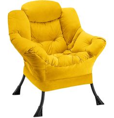 a yellow chair sitting on top of a black metal frame legs and footrests