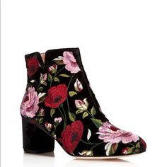 Kate Spade New York Lucine Floral Embroidered Velvet Booties - 100% Exclusive To Bloomingdales. Size 8 New In Box. Kate Spade Boots, Silver Ankle Boots, Kate Spade Heels, Boots Outfit Ankle, Embroidered Boots, Flowers Color, Patent Leather Boots, Embroidered Velvet, Velvet Boots