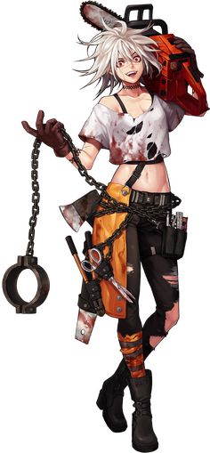 an anime character holding a chainsaw with her hand on the chain, while she is wearing