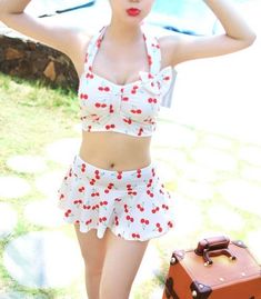 Kawaii Swimsuit, Swimsuits Outfits, Coverup Skirt, Cherry Print, Cute Bikinis, Swim Skirt, Blue Lagoon