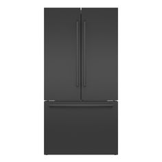 a black refrigerator freezer sitting on top of a white wall