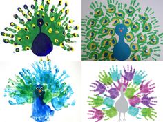 four different handprinted peacocks are shown in three different colors and sizes, one is green, the other is blue