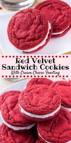 red velvet sandwich cookies with cream cheese frosting on top and in the middle, sitting on a white plate