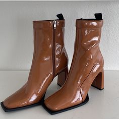 Never Worn, Brand New Caramel Brown Booties With A Square Toe And Zipper Enclosure. Gold Ankle Boots, Sock Ankle Boots, Heeled Chelsea Boots, Floral Boots, Patent Boots, Asos Shoes, Patent Leather Boots, Buckle Ankle Boots, Black Suede Booties