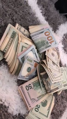 a pile of money sitting on top of a white fluffy rug next to a black cat