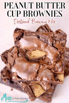 chocolate peanut butter cup brownies stacked on top of each other with text overlay