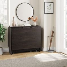 a living room with a round mirror on the wall next to a wooden cabinet and potted plant