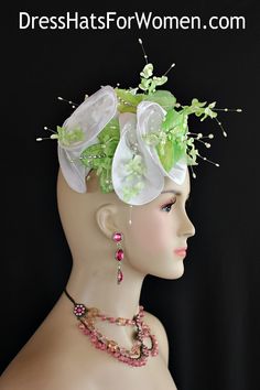 Women’s Lime Green And White Fashion Designer Haute Couture Hat Headpiece Wedding Bridal Fascinator Hair Accessory. A White Satin Bow Is Added To This Beautiful Cocktail Hat, Embellished With Hand Dyed Vintage Silk And Velvet Sequin Glass Beaded Millinery Flowers Accented With Rhinestones. This Couture Custom Made Headpiece Is Made On A Lime Green Acetate Felt Shaped Mini Pillbox Base. Shooting Pearls Within The Vintage Flowers Top Off This Gorgeous Headpiece. This Formal Art Deco Styled 1920’s Spring Ceremony Headband Fascinator, Fitted White Headpiece With Handmade Flowers, Summer Ceremony Hats And Headpieces, Spring Ceremony Headpiece Headband, Spring Ceremony Headpieces With Headband Shape, Fitted Flower Fascinator For Wedding, Flower-shaped Fitted Fascinator For Weddings, Elegant Fitted Flower Costume Hats And Headpieces, Fitted Flower Hat For Wedding