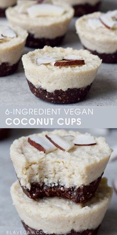 chocolate coconut cream cupcakes are stacked on top of each other with the words, 6 - ingredient vegan coconut cups