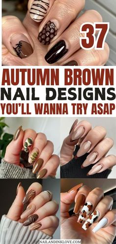 Brown October Nails, Butternut Squash Nails, Fall Brown Nails Design, Nails Fall 2024 Trends, Brown Checkered Nails, Dark Brown Nails Designs, Brown Halloween Nails, Brown And Black Nails, Coffee Nails Designs