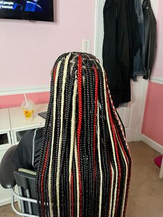 Goddess Knotless Box Braids Medium Color, Long Black And Red Braids, Red And Blue Knotless Braids, Black Red And Blonde Box Braids, Red Blonde And Black Knotless Braids, Black Red Blonde Braids, Braided Color Combo, Red Black And Blonde Braids