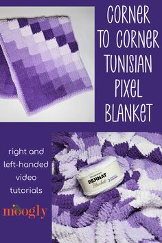 a crocheted blanket with text that reads corner to corner turkish pixel blanket right and left - handed video instructions