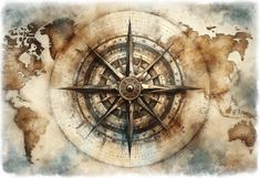 an old compass is shown in the middle of a painting with watercolors on it