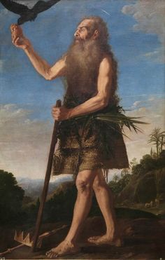 a painting of a man with a bird on his shoulder and holding a stick in one hand