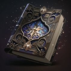 a book with an intricate design on the cover and stars in the sky behind it