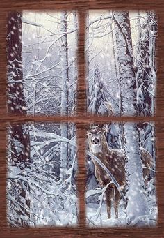 the window is made out of wood and has four pictures of deers in it