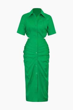 This item is In Stock We will ship your item right away. Details Occasion Casual Category Dresses Composition 100% Polyester Sheer Not Sheer Color Green Size & Fit Measured in sizeS Length:49.2" Waist:26.8" Hip:37.0" Fit:Fitted Stretch:Low Stretch Shirts Women Fashion, Dress Stores Online, Midi Shirt Dress, Midi Dress Sleeveless, Dress Cuts, Ruched Dress, Midi Dresses, Beautiful Fashion, Dress Fabric