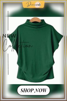 Women Casual Short Batwing Sleeve Loose Tops Solid Black Gray Turtleneck Tee T-shirts Green Stretch Tops With Solid Color, Green Stretch Tops Solid Color, Green Stretch Tops, Trendy Plain Crew Neck Tops, Green Stretch Plain Tops, Green Short Sleeve Plain Top, Green Short Sleeve Tops For Fall, Gray Turtleneck, Women's Outfits By Occasions