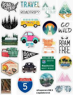 various stickers that are on the back of a car, with trees and mountains in the background