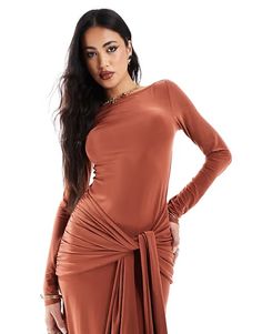 ASOS DESIGN tie front exaggerated drape maxi dress in rust | ASOS Fitted Brown Dress With Tie Waist, Brown Fitted Dress With Tie Waist, Drape Maxi Dress, Formal Dress Shops, Dress Bra, Dresses Backless, Plus Size Skirts, Swimwear Sale, Hoodies For Sale