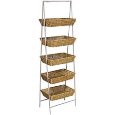 three tiered basket stand with four baskets on each shelf, and two metal legs