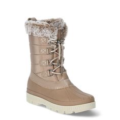 Designed to conquer cold weather with grace and charm, the Ozark Trail Women's Tall Lace Up Boots are your ultimate companion for snowy escapades and urban adventures alike. Featuring a Nylon fabric upper with a faux fur trim collar, and a secure lace up closure with bungee toggle, you will be sure to navigate winter in style. The rugged TPR outsole provides a skid resistant tred along with a memory foam sock for added comfort. Temperature rated to -5 F. Spot Clean. Imported. Made in China. Size Tall Lace Up Boots, Cold Weather Activities, Fleece Socks, Ozark Trail, Duck Boots, Faux Fur Collar, Nylon Fabric, Up Shoes, Fur Collars