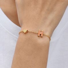 New 18k Gold Plated Letter Heart Charm Initial Letter Bracelet - H Bundle And Save! Bundle Your Items And Receive A Discount + Save On Shipping! Leather Chain Bracelet, Chunky Cuff Bracelet, Silver Flower Bracelet, Gold Stretch Bracelet, Key Bracelet, Engraved Cuff, Large Bracelet, Letter Bracelet, Letter H