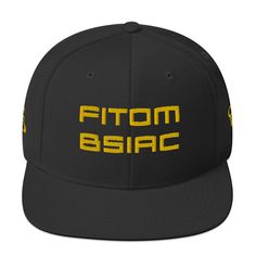 a black hat with yellow letters that says,'fitom basic '