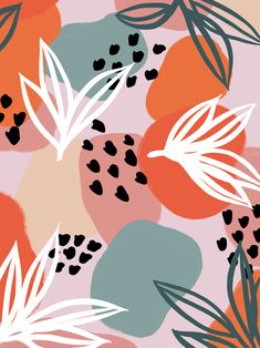 an orange and black pattern with leaves on pink, blue, green and white background