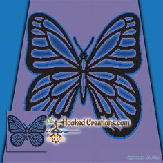 a blue and black butterfly is shown on the back of a cross stitch project bag