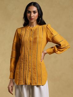 Ritu Kumar-Mustard Lace-Insert Kurti-INDIASPOPUP.COM Personal Shopping Service, Ancient Designs, Lace Insert, Traditional Crafts, Vocabulary, Unique Style, Mustard