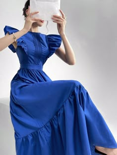 Azul Elegante Collar sin mangas Tela tricotada Liso A línea Embellished No-Elástico Maxi Vestidos, Ruffle Sleeve Dress, Women Long Dresses, Long Dresses, Dress P, Women Clothing, Sleeve Dress, Woven Fabric