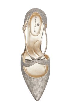 Hit the town in sparkling style with this sleek metallic pump accented with a pretty bow detail on the straps. 2 1/4" heel Textile upper/synthetic lining and sole Imported Luxury Feminine Kitten Heels With 4-inch Heel, Glamorous 4-inch Kitten Heels For Party, Silver 4-inch Kitten Heels For Party, Gold Kitten Heels With 4-inch Heel, Elegant Silver Kitten Heels With 4-inch Heel, Metallic Pumps, Kitten Heel Pumps, Gold Shimmer, Kitten Heel