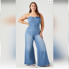 Crafted From Stretch Denim, This Jumpsuit Features A Fold Over Sweetheart Neckline, Strapless Cut, Belt Loops, Back Welt Pockets, A Wide Leg, And Exposed Back Zipper. 65% Cotton, 30 % Polyester, 5 % Spandex Machine Wash Cold Model Is 5 7 In Wearing A Size 2x Blue Jean Romper, Jean Romper, Denim Wide Leg, Plus Size Denim, Romper Jumpsuit, Wide Leg Denim, Wide Leg Jumpsuit, Fold Over, Welt Pockets