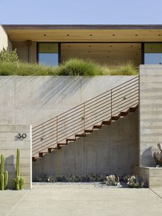 the stairs lead up to the roof of this modern house with cactus and succulents