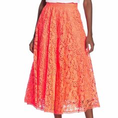 New With Tags. Vibrant Midi Skirt Features Allover Floral Crochet Lace, Secret Side Pockets, And A Generous A-Line Skirt For Eye-Catching Style. This Style Runs Small. Exposed Back Zip With Hook-And-Eye Closure - Side Slash Pockets - Floral Crochet Lace Exterior - Solid Color - Flared Design - Fully Lined With Wide Horsehair Hem Cocktail Full Maxi Skirt For Spring, Spring Cocktail Full Maxi Skirt, Lined Maxi Skirt For Spring Cocktail Events, Spring Cocktail Pleated Maxi Skirt, Spring Cocktail Lined Maxi Skirt, Elegant Orange Skirt For Spring, Cocktail Midi Skirt, Spring Midi Cocktail Skirt, Elegant Red Maxi Skirt For Spring