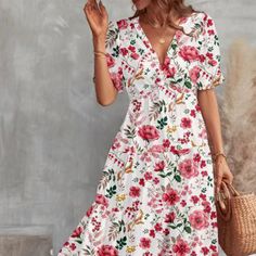 Summer Women's Fashion Retro Sexy V-neck Temperament Floral Maxi Dress 1-S Flirty V-neck Spring Dress, Flirty V-neck Midi Dress For Brunch, Fitted Pink V-neck Dress, Fitted V-neck Dress For Vacation, Feminine V-neck Mini Dress For Vacation, Fitted V-neck Dress With Floral Print And Notched Neckline, Feminine V-neck Midi Dress For Beach, Fitted Vacation Dress With Notched Neckline, Fitted Pink V-neck Dress For Vacation