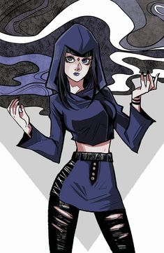 a drawing of a woman with black hair and blue eyes, wearing a hoodie