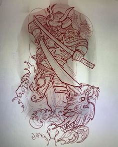 Samurai Back Tattoo, Tato Irezumi, Japanese Warrior Tattoo, Bodysuit Tattoos, Samurai Tattoo Design, Dragon Sleeve Tattoos, Kunst Tattoos, Japan Tattoo Design, Tattoo Zeichnungen