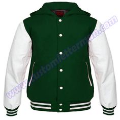 Hooded Varsity Jackets Cotton Varsity Jacket With Baseball Collar For Outdoor, Varsity Hooded Jacket For College In Fall, Hooded Cotton Varsity Jacket For Outdoor, Sporty Green Hooded Varsity Jacket, Hooded Varsity Jacket For Fall Sports, Green Hooded Varsity Jacket For College, White Hooded Varsity Jacket For Outdoor, Winter Sports Hooded Varsity Jacket, Hooded Varsity Jacket For College