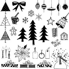 black and white christmas clipart set with presents, gifts, trees, snowflakes