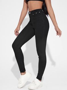 Women’s High Waisted Zip Up Black Skinny Jeans – Lady Luana Fashion & Accessories Black Stretch Punk Jeans, Chic Fitted Jeans For Streetwear, Fitted High Rise Punk Bottoms, Trendy High Stretch Solid Color Jeans, Trendy High Stretch Jeans, Black High Waist Slim Fit Jeans, Trendy Fitted Slim Bottoms, Black High-waisted Slim Fit Jeans, Black High Stretch Casual Jeans